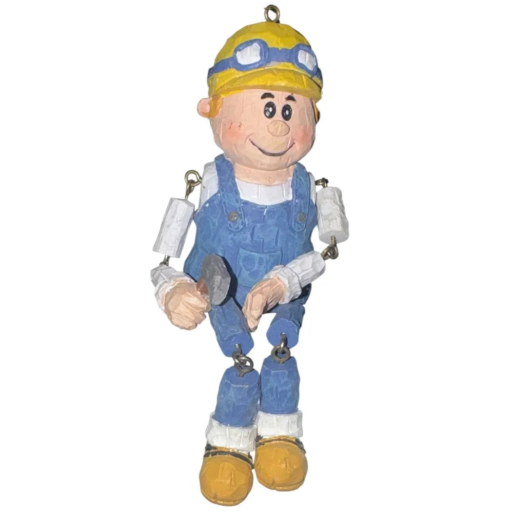 Vintage Artisan Carved Wood Construction Worker Ornament Hanging Decor Puppet
